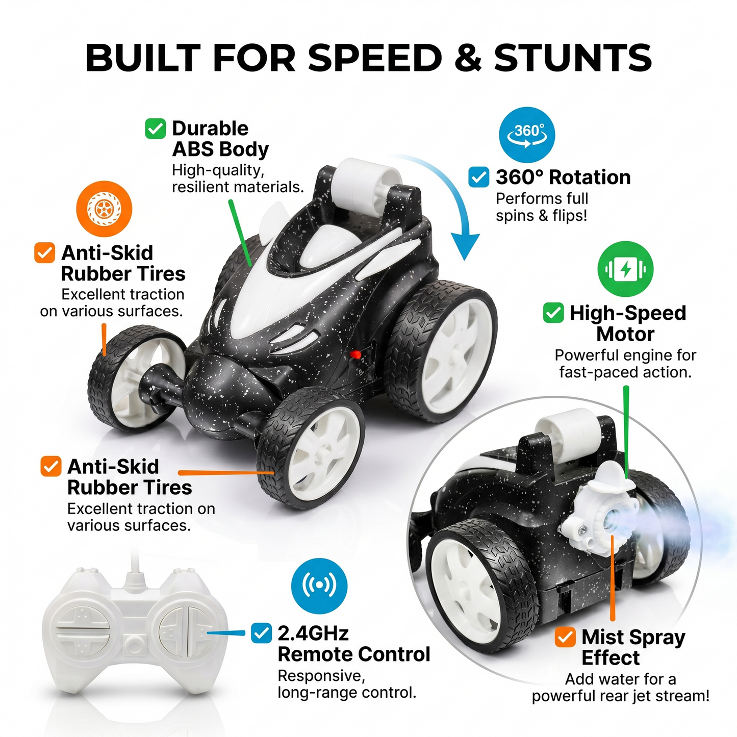 Remote Control Stunt Car with Smoke Effect USB Rechargeable Drift Toy (black)