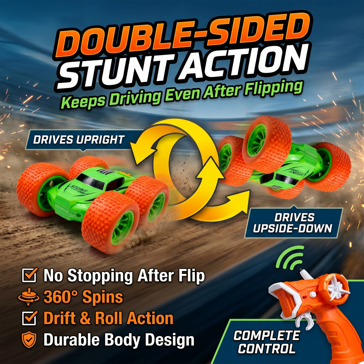 RC Thunder car Rechargeable, 360º Rotation car, Double-Sided Driving, Smoke Car, Remote Control (Green)