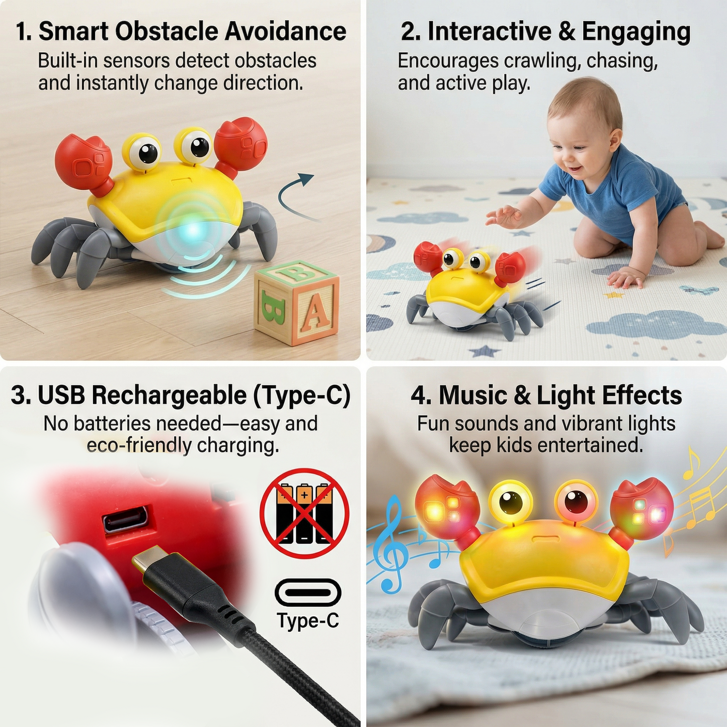 carb toyz Rechargeable Crawling Crab Baby Toys for 6 to 12 Months with Light & Sound | Sensory Interactive Moving Musical Tummy Time Activity for Babies & Toddlers | Birthday Gift for Kids Electric Toy