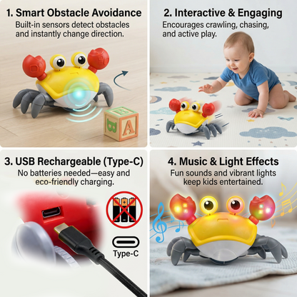 carb toyz Rechargeable Crawling Crab Baby Toys for 6 to 12 Months with Light & Sound | Sensory Interactive Moving Musical Tummy Time Activity for Babies & Toddlers | Birthday Gift for Kids Electric Toy