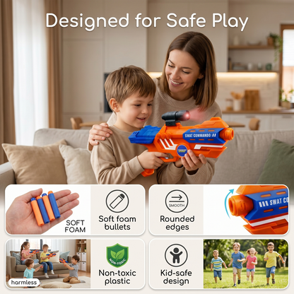 116M-Bullet Gun Toy - Safe Plastic Gun with 10 Bullets, Effective Range of 40 Feet, Ideal for Kids Above 3 Years, BIS Approve- (Orange)