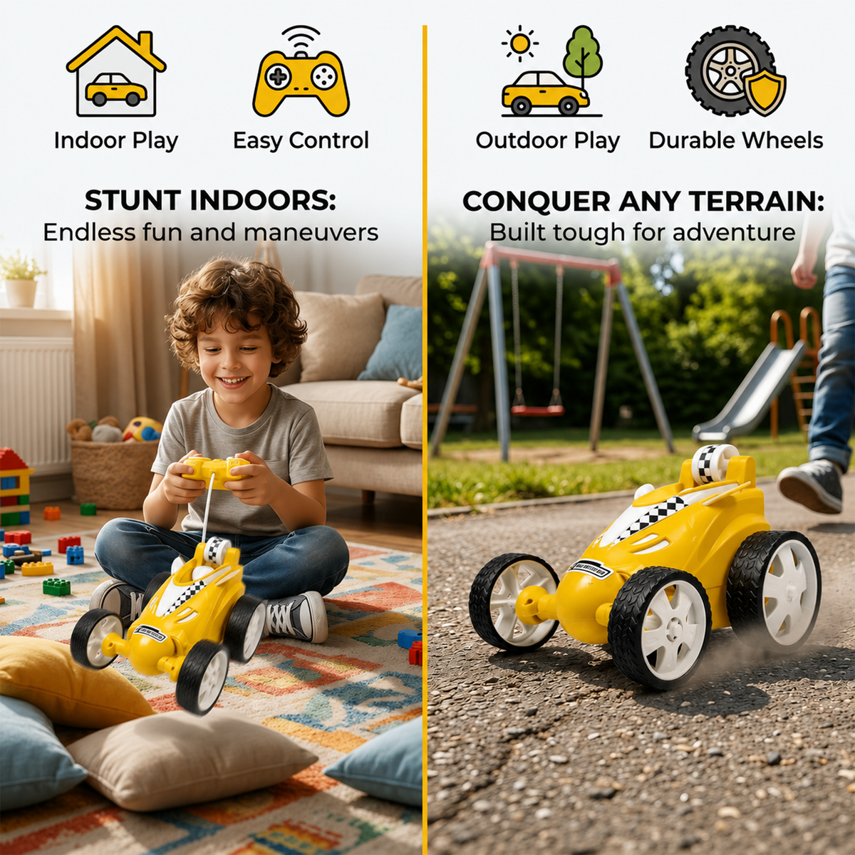 Small Stunt RC Car for Kids | Rechargeable High-Speed Remote Control Car with LED Lights – Yellow