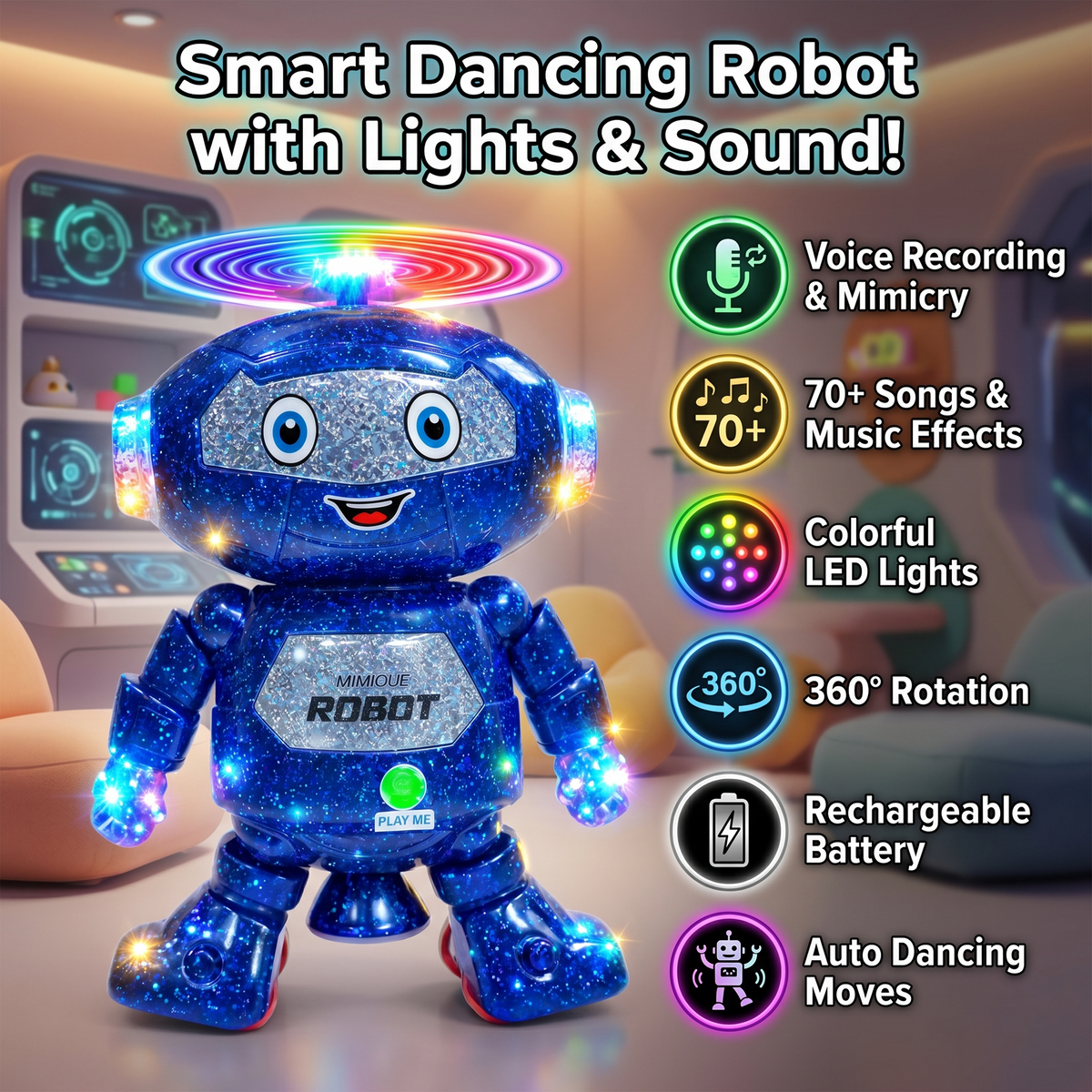 Mimique Dancing Robot Musical Toy With LED Lights & Spinning Propeller Rechargeable, 70+Different Music, Voice Recording 99444-2