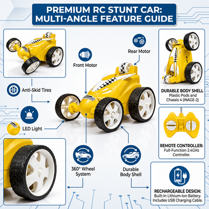 Small Stunt RC Car for Kids | Rechargeable High-Speed Remote Control Car with LED Lights – Yellow