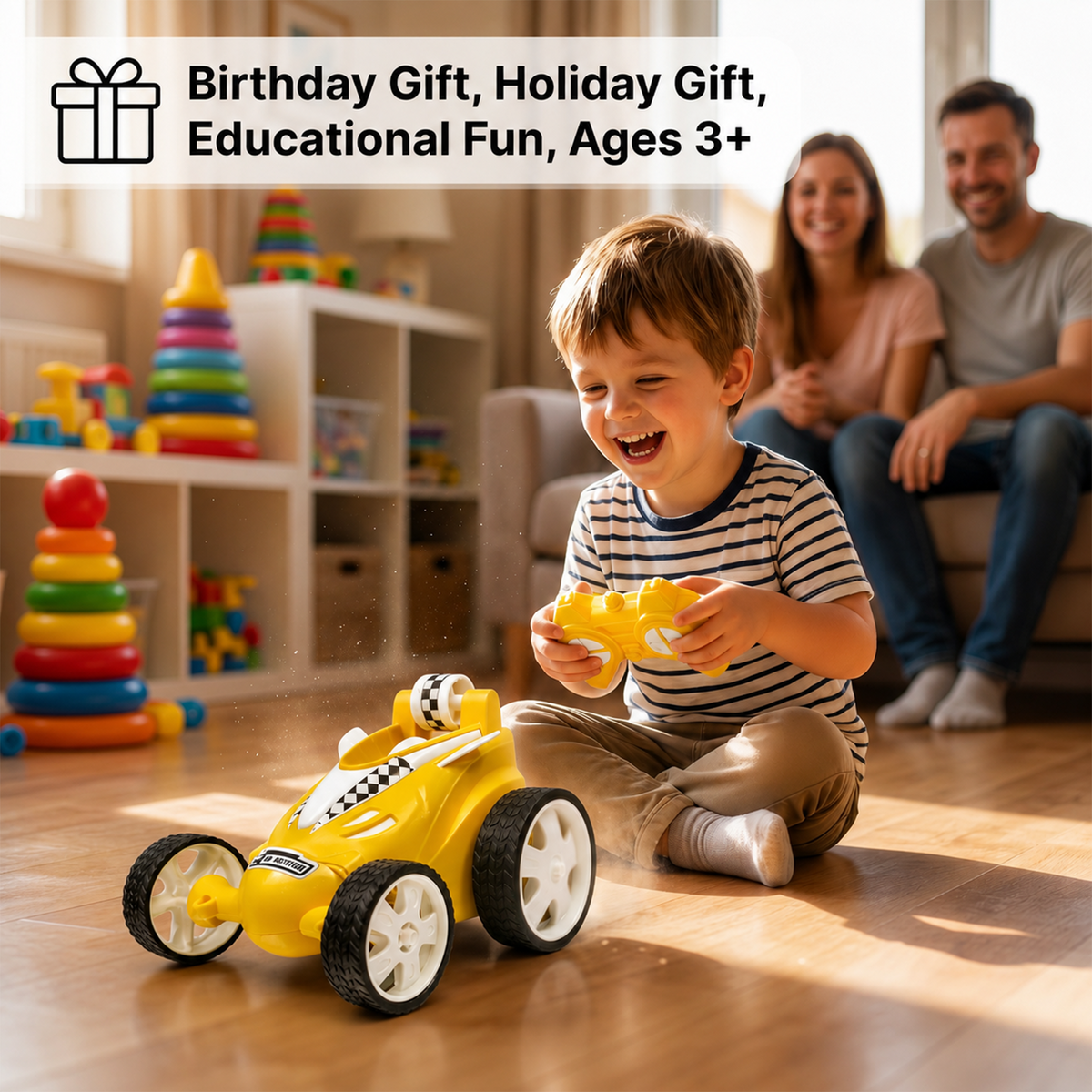 Small Stunt RC Car for Kids | Rechargeable High-Speed Remote Control Car with LED Lights – Yellow
