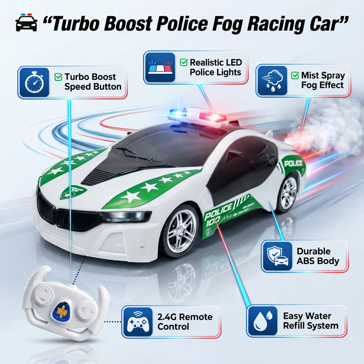 Police Remote Control Car for Kids | Rechargeable High-Speed RC Police Car in Green