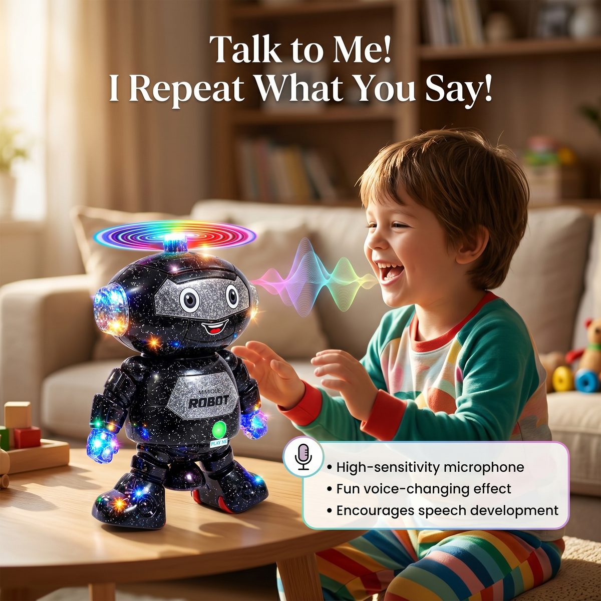 Mimique Dancing Robot Musical Toy With LED Lights & Spinning Propeller Rechargeable, 70+Different Music, Voice Recording 99444-2