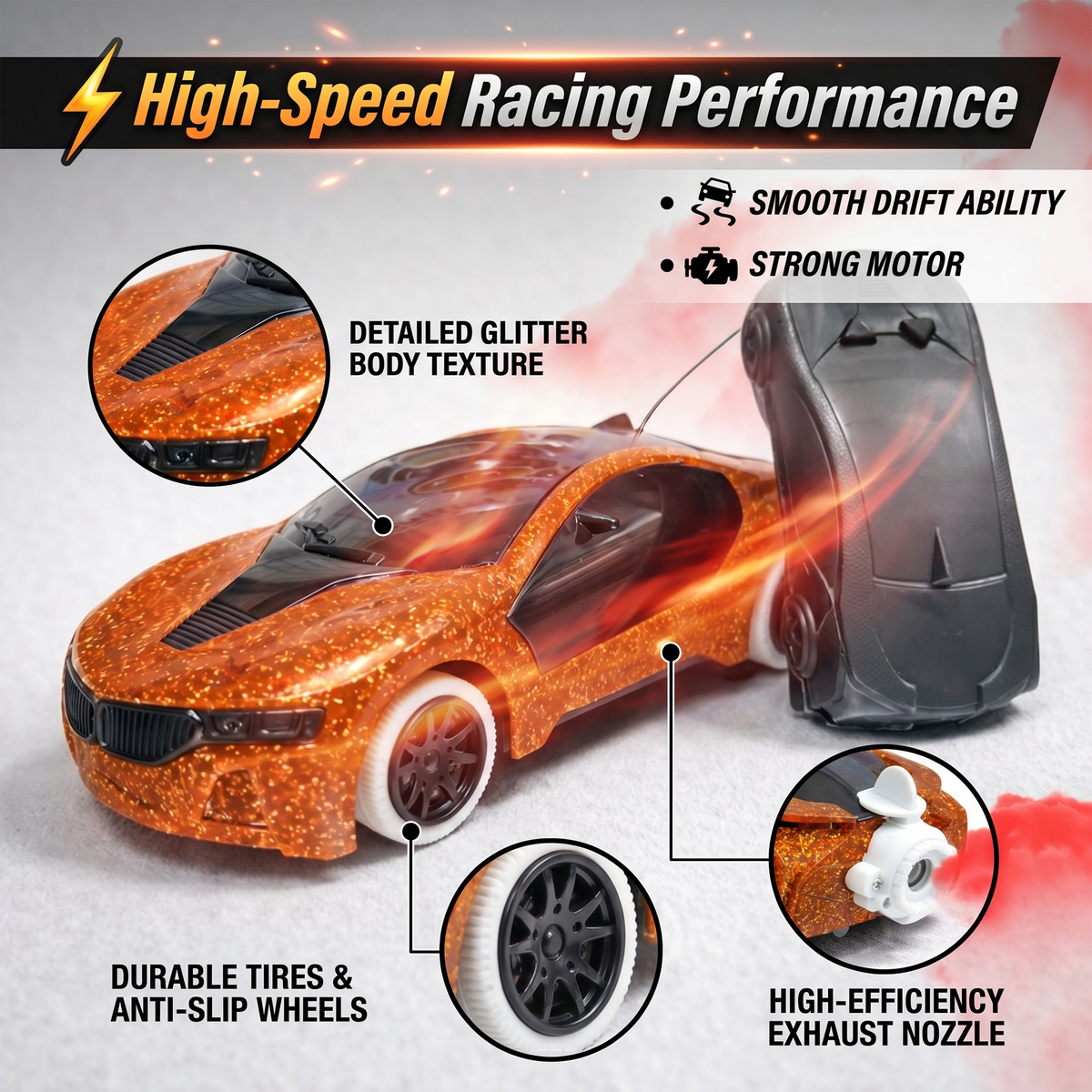 Remote Control 2 Way RC Car, Hgih Speed, Smoke Car, LED Light (Yellow)