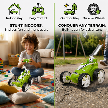 Small Stunt RC Car for Kids | Rechargeable High-Speed Remote Control Car with LED Lights – Green