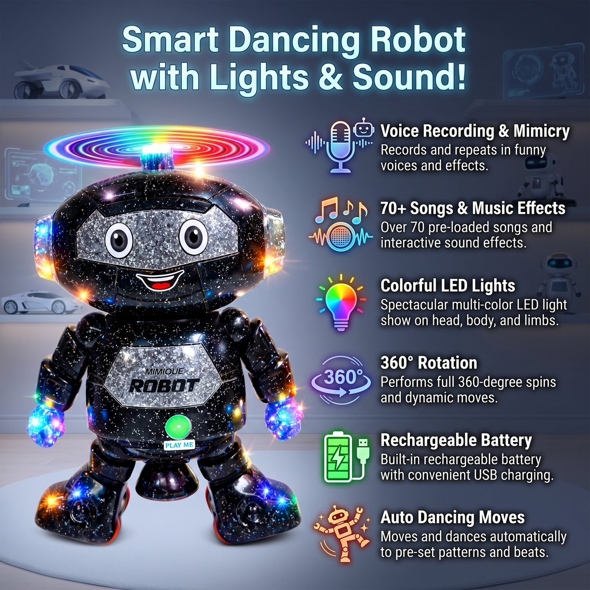Mimique Dancing Robot Musical Toy With LED Lights & Spinning Propeller Rechargeable, 70+Different Music, Voice Recording 99444-2