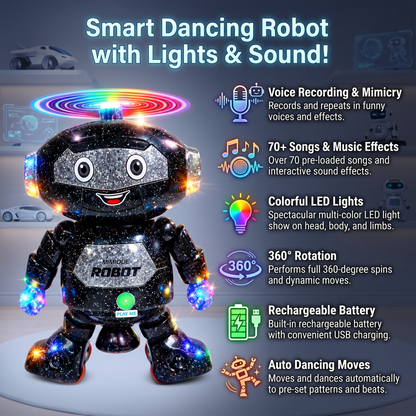 Mimique Dancing Robot Musical Toy With LED Lights & Spinning Propeller Rechargeable, 70+Different Music, Voice Recording 99444-2