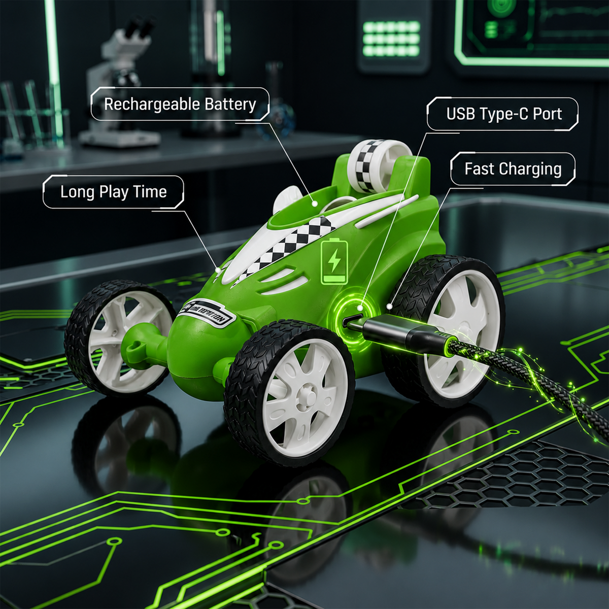 Small Stunt RC Car for Kids | Rechargeable High-Speed Remote Control Car with LED Lights – Green