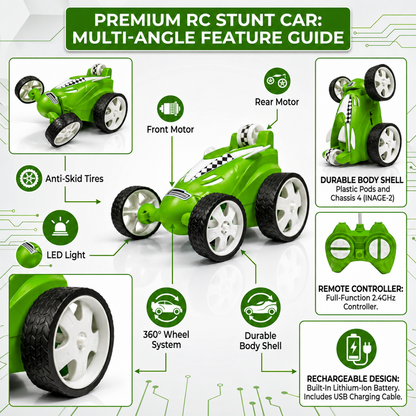 Small Stunt RC Car for Kids | Rechargeable High-Speed Remote Control Car with LED Lights – Green