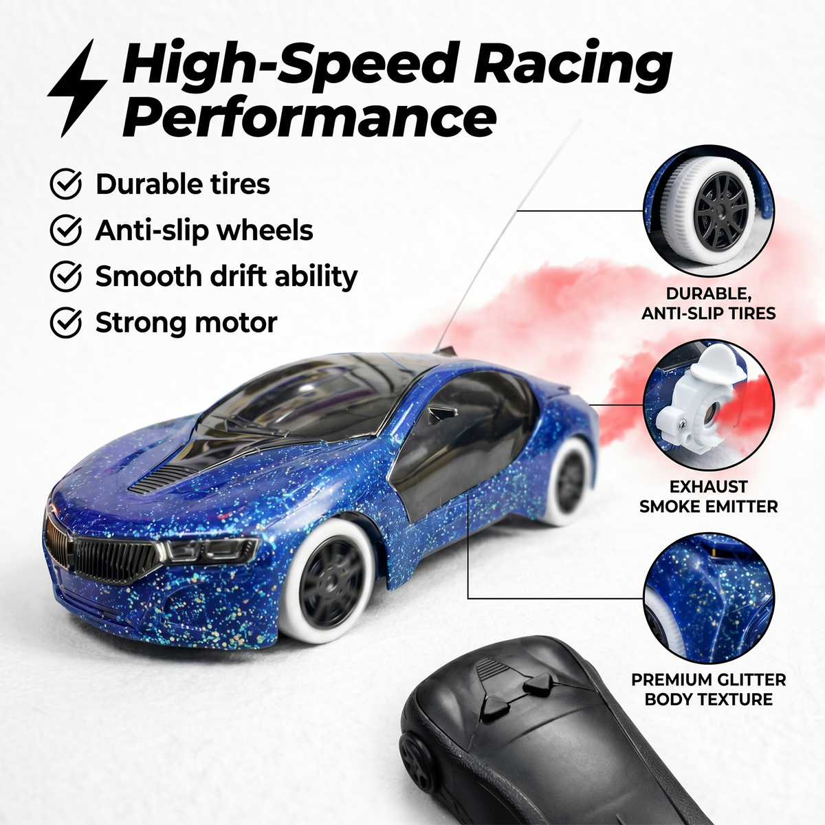 Remote Control 2 Way RC Car, Hgih Speed, Smoke Car, LED Light (Blue)