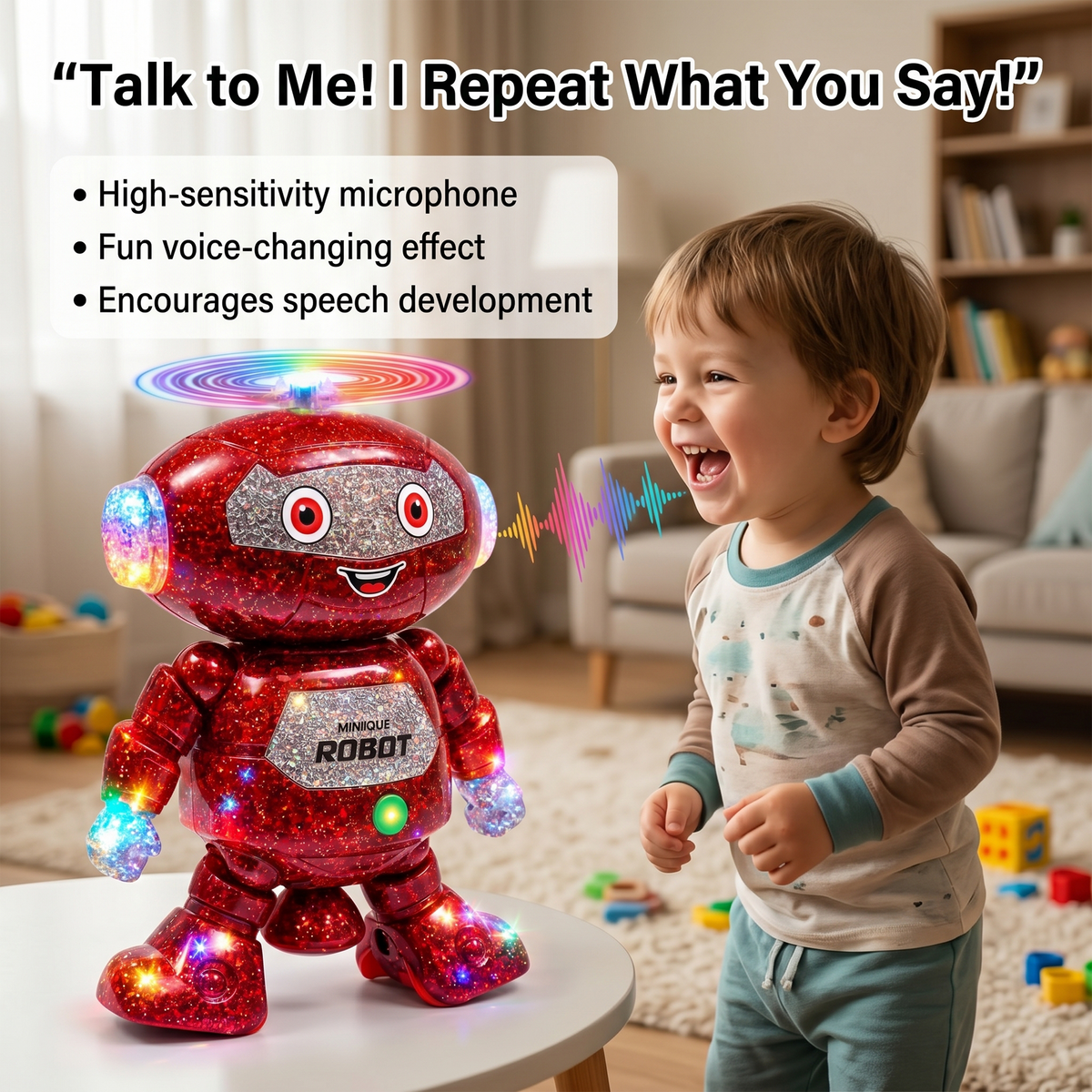 Mimique Dancing Robot Musical Toy With LED Lights & Spinning Propeller Rechargeable, 70+Different Music, Voice Recording 99444-2
