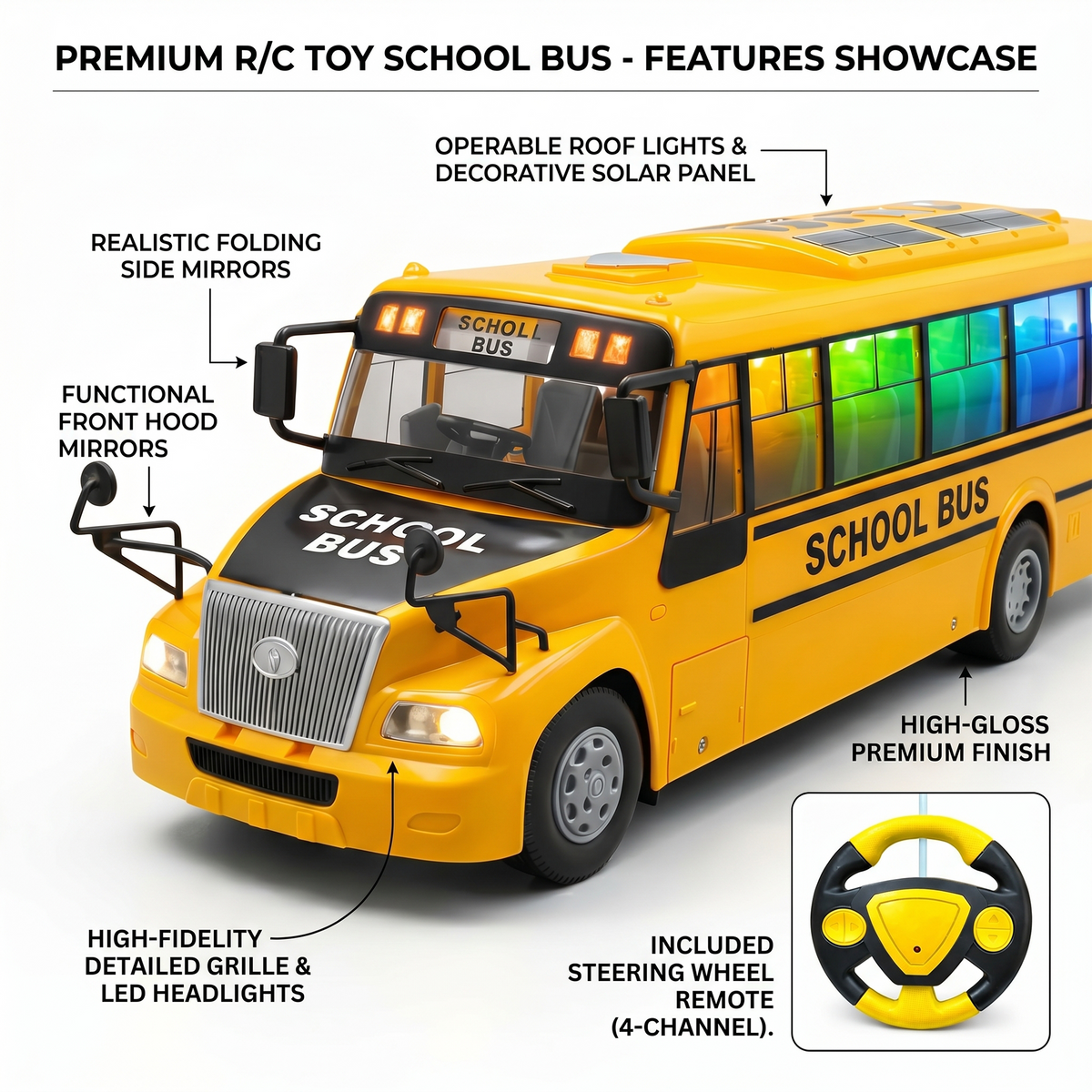 RC Remote Control Bus 4 Way High Speed Rechargeable LED Light Type-C Charging Point All Direction