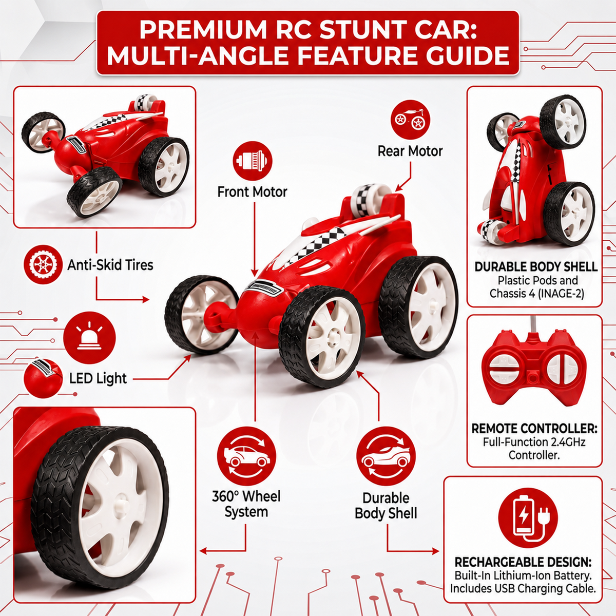 Small RC Stunt Car for Kids | Rechargeable High-Speed Remote Control Car In Red