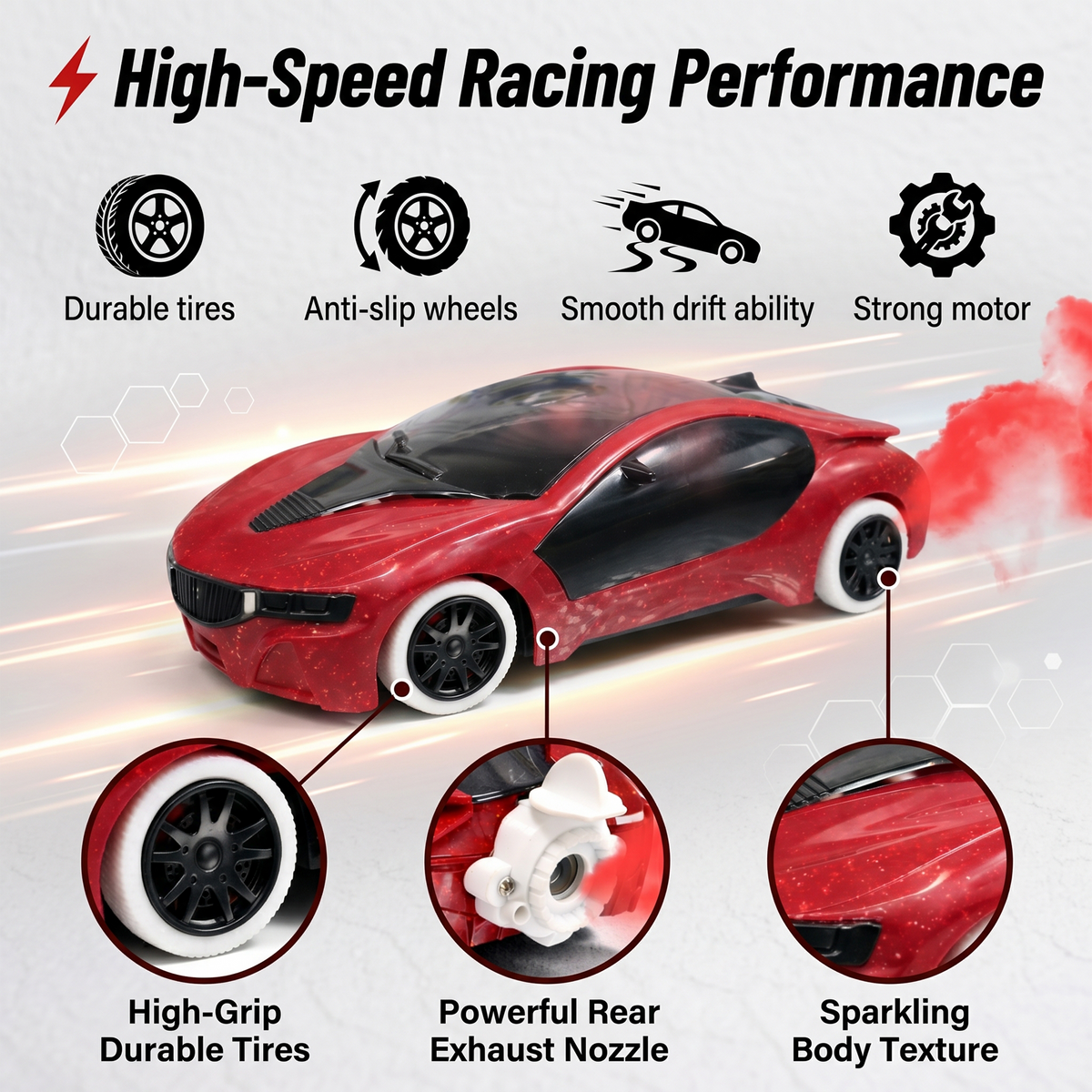 Remote Control 2 Way RC Car, Hgih Speed, Smoke Car, LED Light (Red)