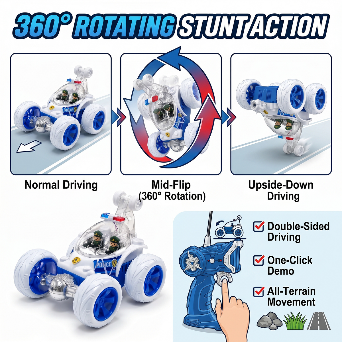 Police RC Stunt Car for Kids – 360° Rotation High-Speed Rechargeable Remote Control Car