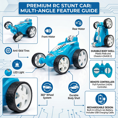 Small Stunt RC Car for Kids | Rechargeable High-Speed Remote Control Car with LED Lights – Blue
