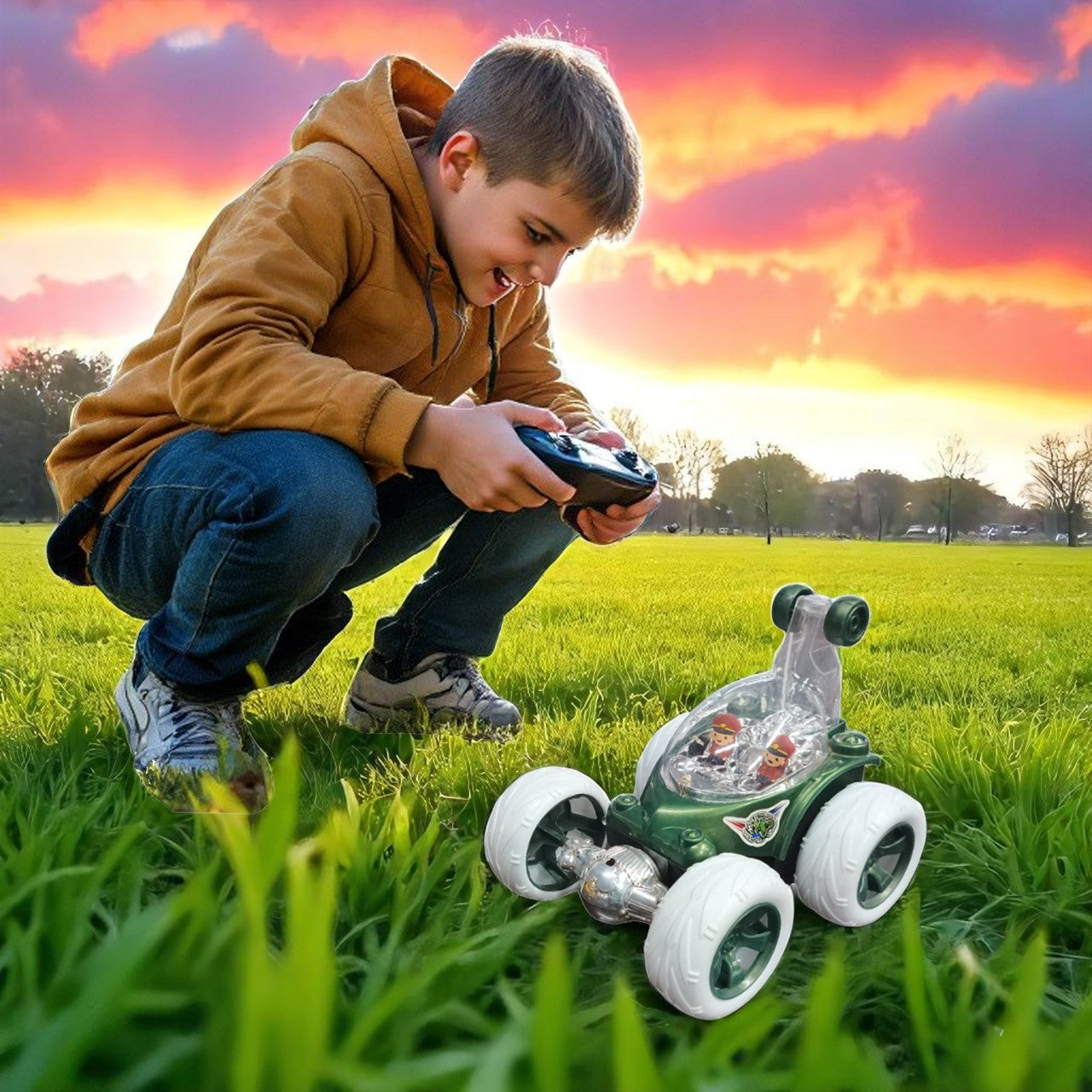Foggy 360° Rotating RC Stunt Car for Kids | Rechargeable High-Speed Remote Control Car – Green