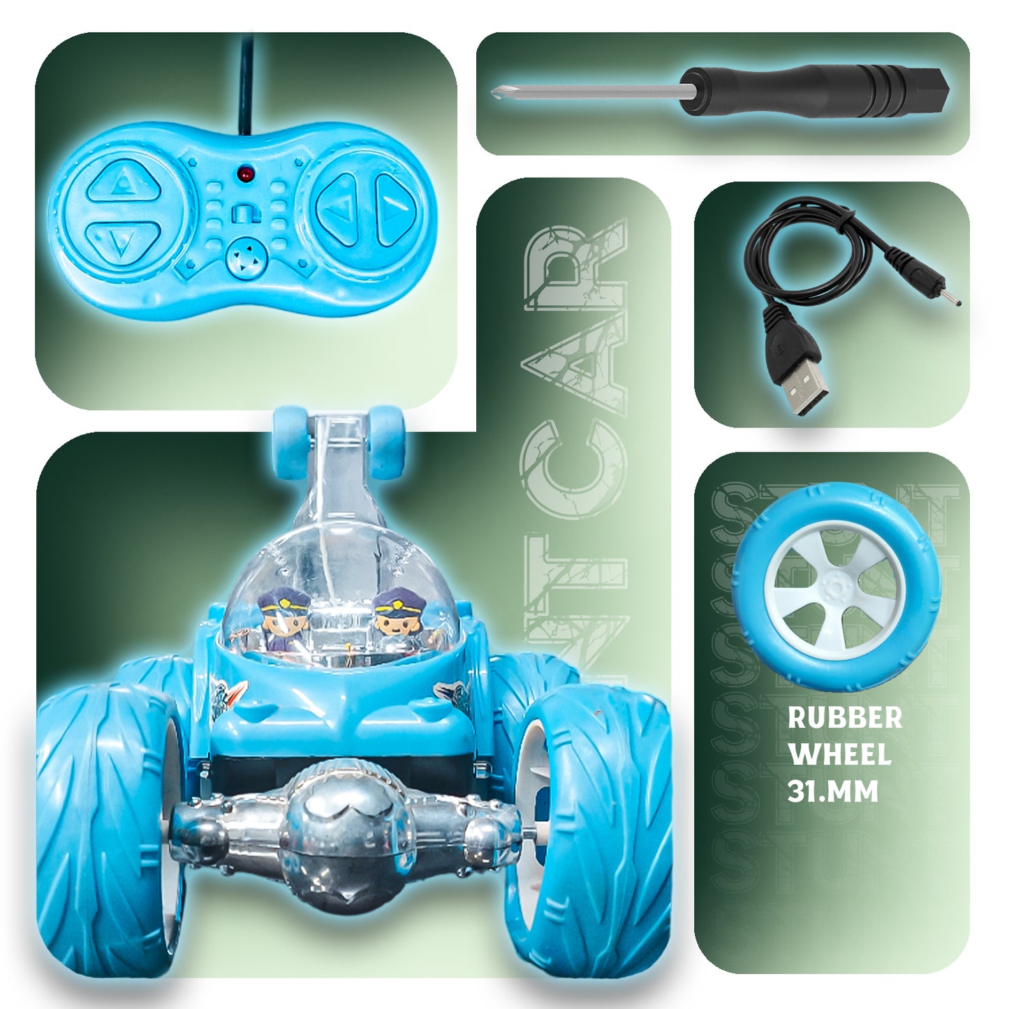 Fancy 360° Rotating RC Stunt Car for Kids | Rechargeable High-Speed Remote Control Car – Light Blue
