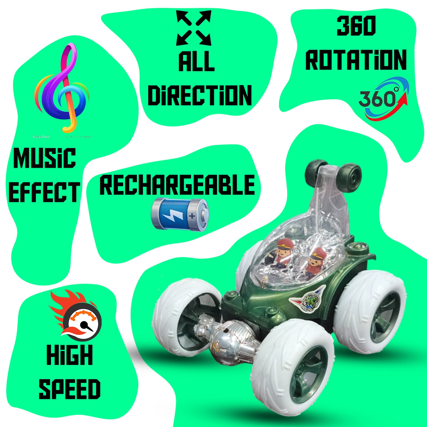 Foggy 360° Rotating RC Stunt Car for Kids | Rechargeable High-Speed Remote Control Car – Green