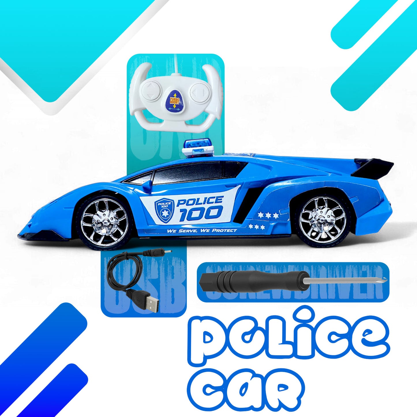 RC Police Car Blue – Rechargeable with Siren Sound & Lights