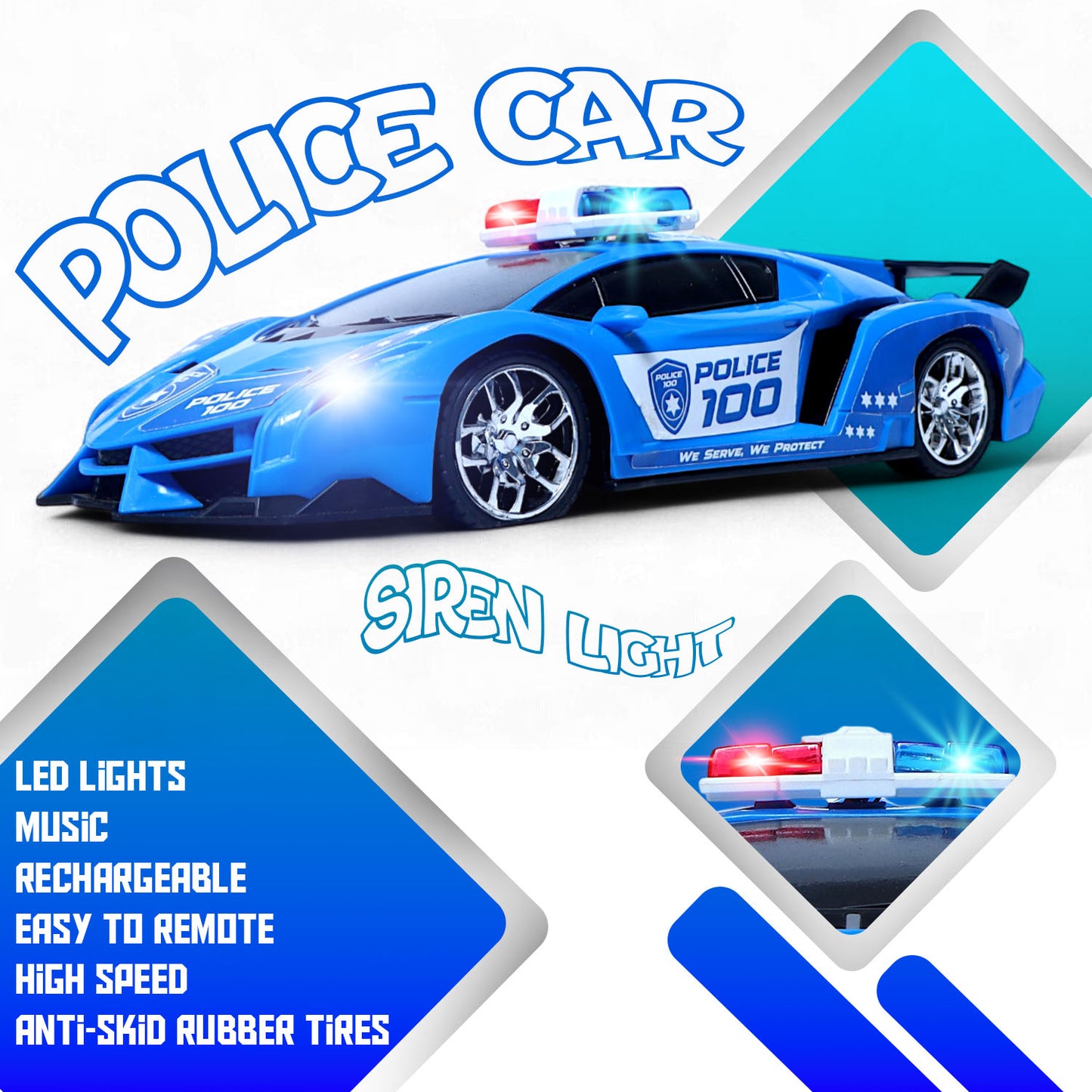RC Police Car Blue – Rechargeable with Siren Sound & Lights