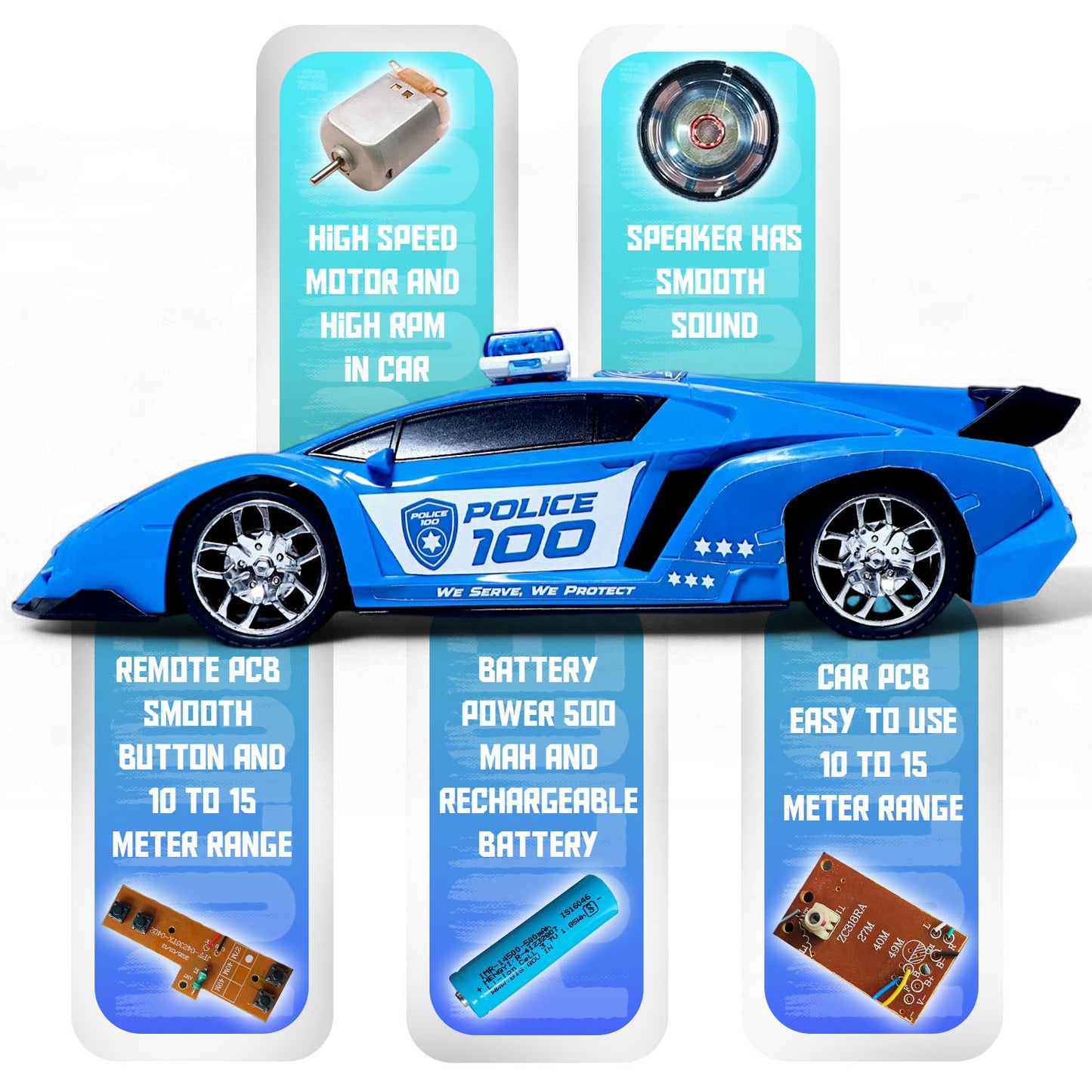 RC Police Car Blue – Rechargeable with Siren Sound & Lights
