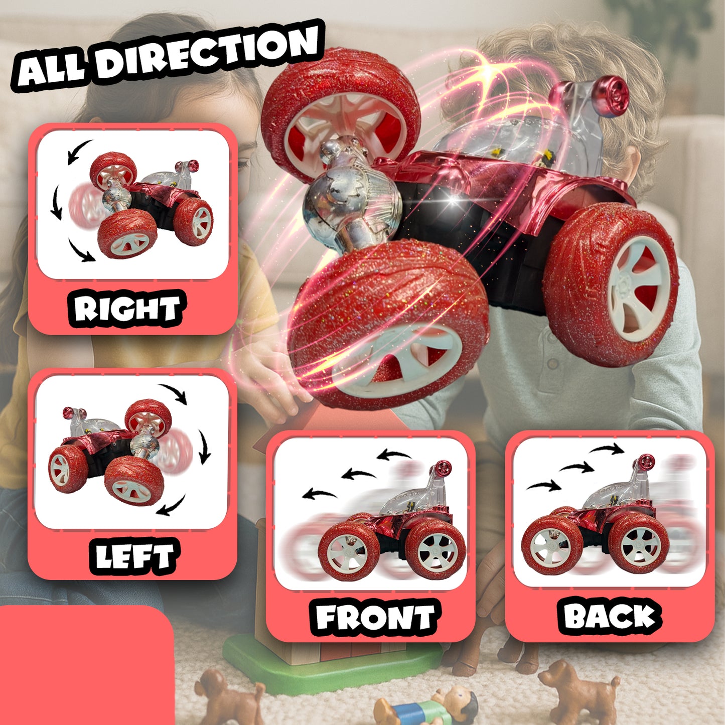 Royal RC Stunt Car for Kids | Rechargeable High-Speed Remote Control Car with LED Lights – Red
