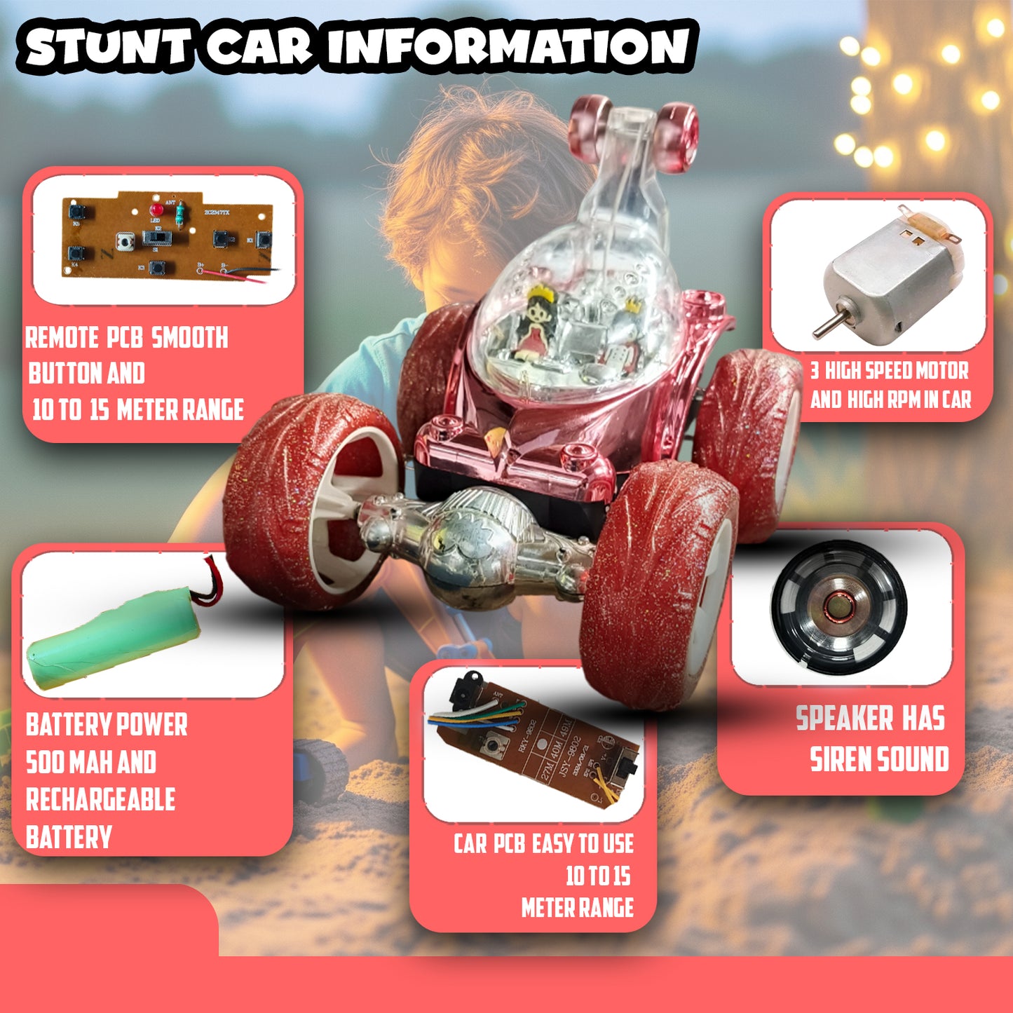 Royal RC Stunt Car for Kids | Rechargeable High-Speed Remote Control Car with LED Lights – Red