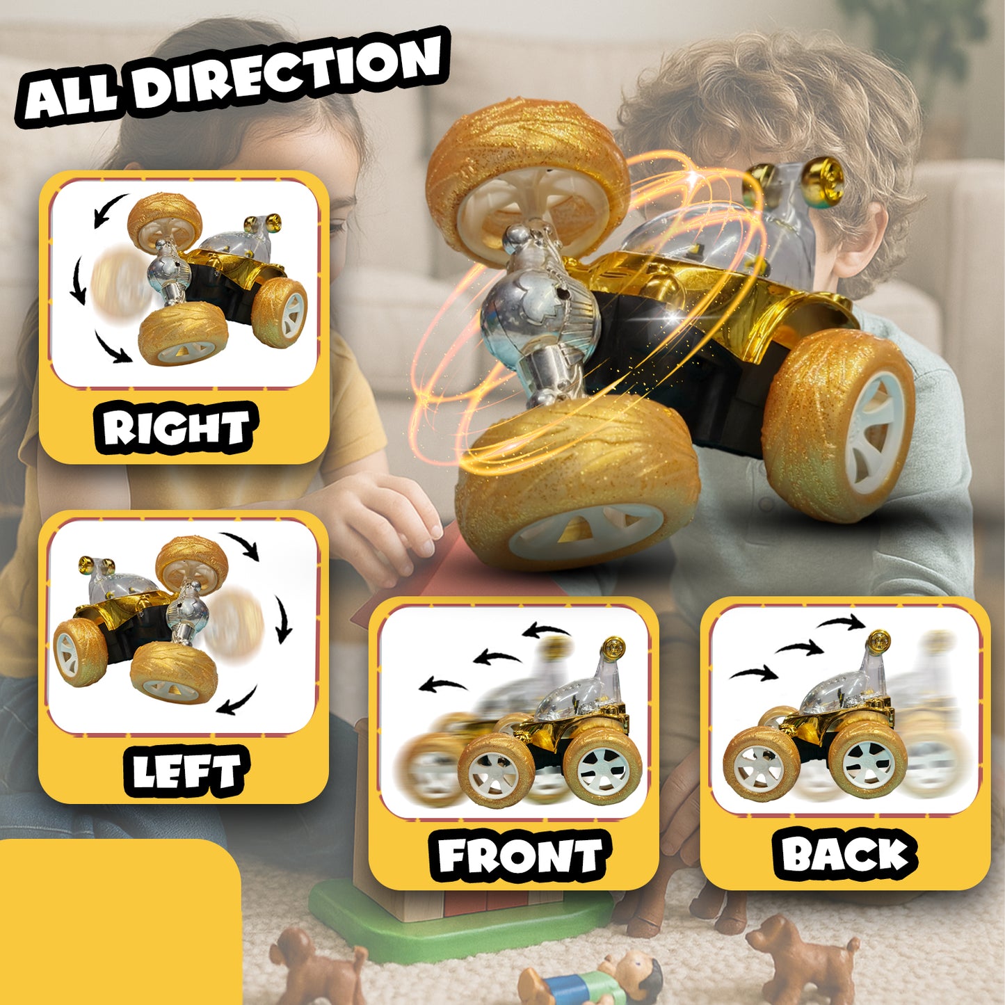 Royal RC Stunt Car for Kids | Rechargeable High-Speed Remote Control Car with LED Lights – Yellow