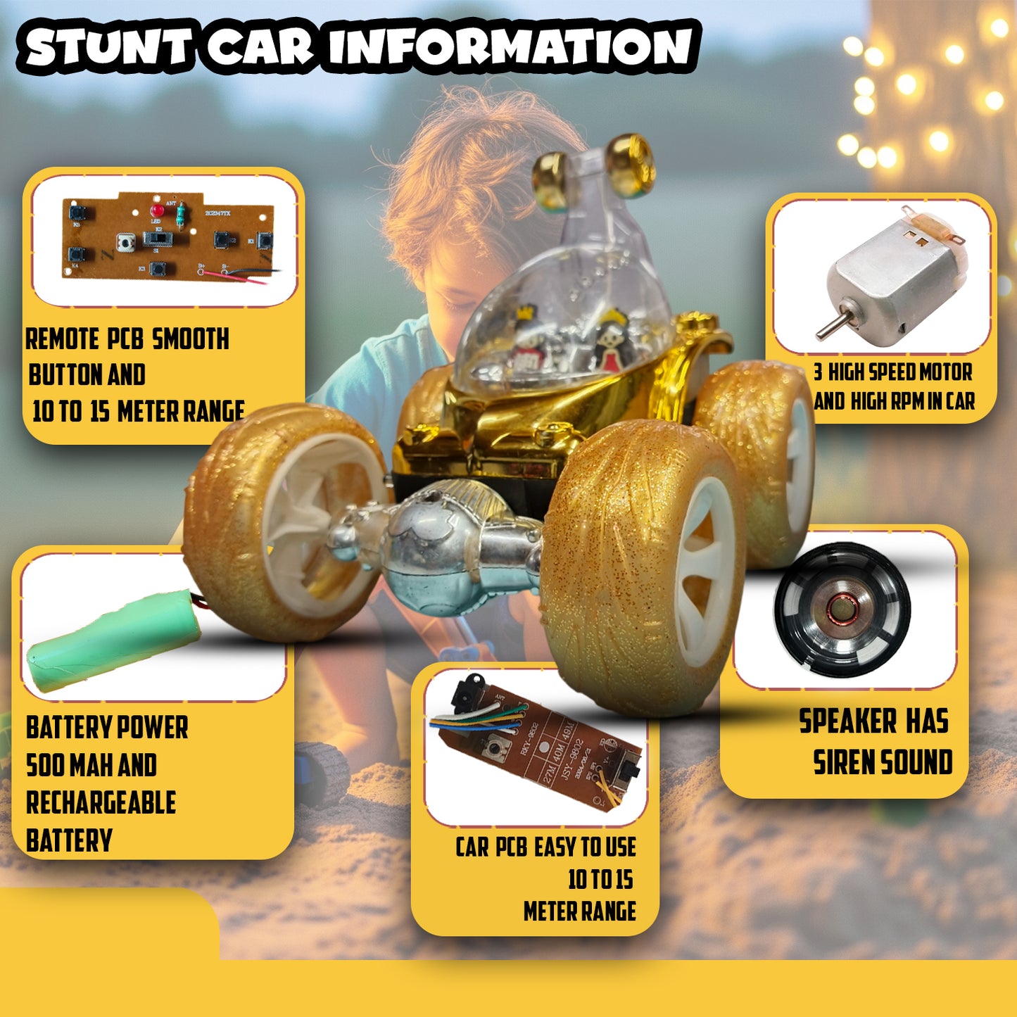 Royal RC Stunt Car for Kids | Rechargeable High-Speed Remote Control Car with LED Lights – Yellow