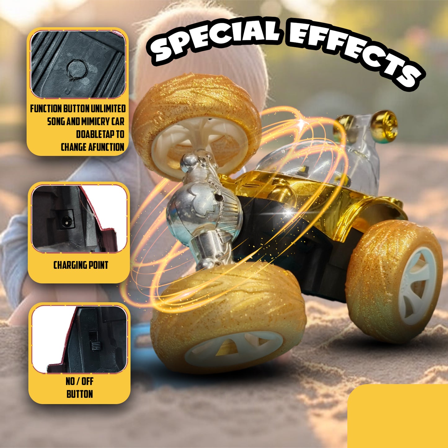 Royal RC Stunt Car for Kids | Rechargeable High-Speed Remote Control Car with LED Lights – Yellow