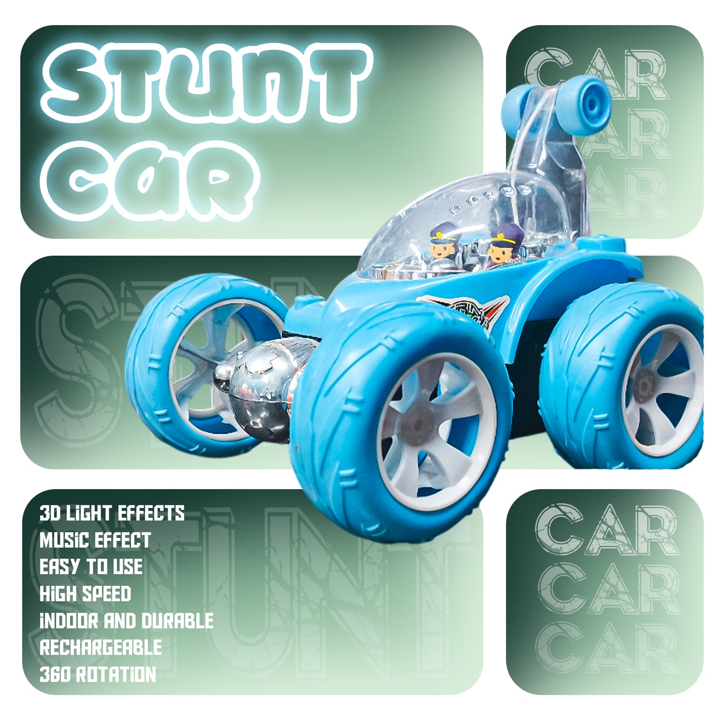 Fancy 360° Rotating RC Stunt Car for Kids | Rechargeable High-Speed Remote Control Car – Light Blue